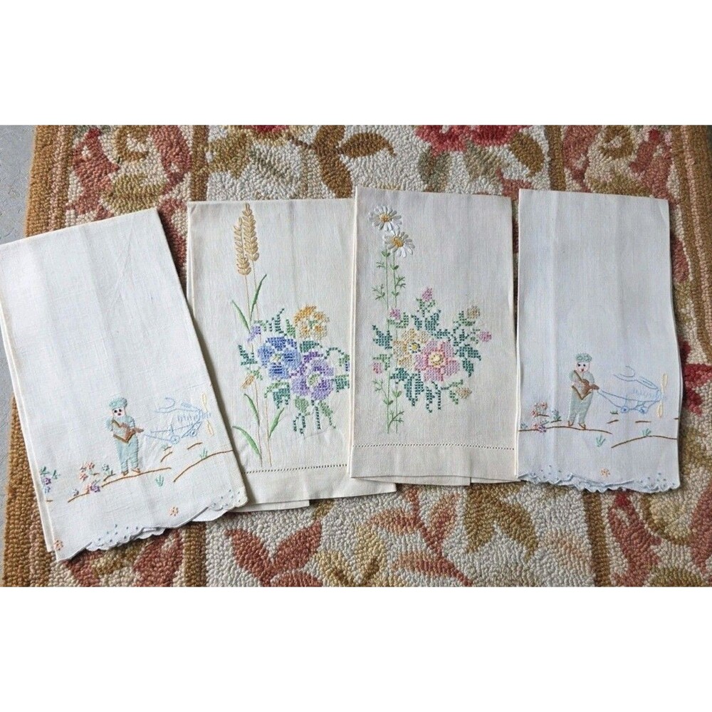 Vintage Off White Linen Tea Towels Napkins Pink Sitch Flowers & Scenes Set Of 4